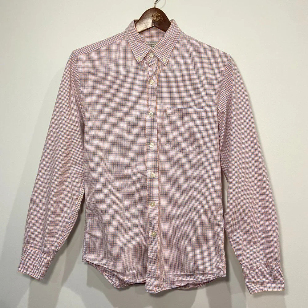 J. Crew Men's Blue, White & Orange Gingham Print Button Down Shirt Size Small